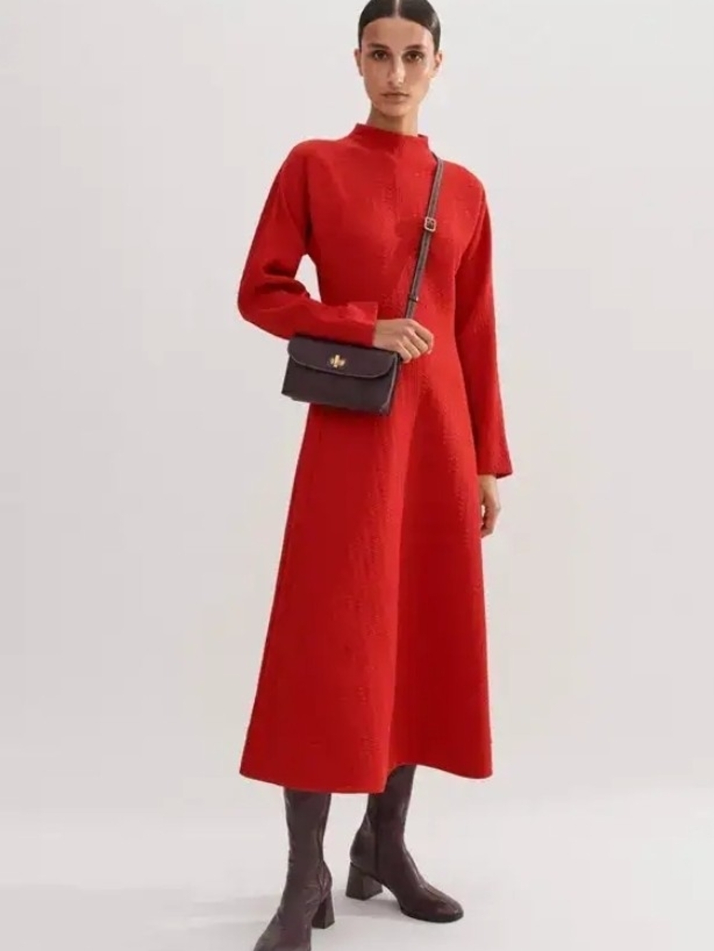 ME+EM Batwing Orange- Red Long-Sleeve Midi Dress with High Neck - Size 14
